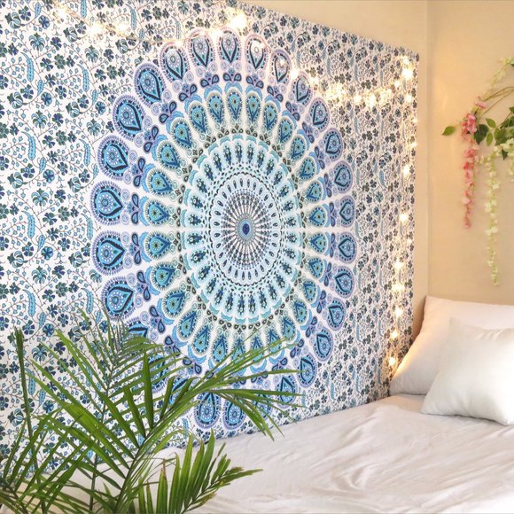 Oussum Mandala Blue Tapestry Cotton Fabric Wall Tapestries - Picture 1 of 6